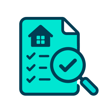 a magnifying glass and a blue paper with a check mark and a house