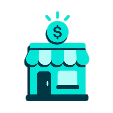a blue store with a dollar sign on top