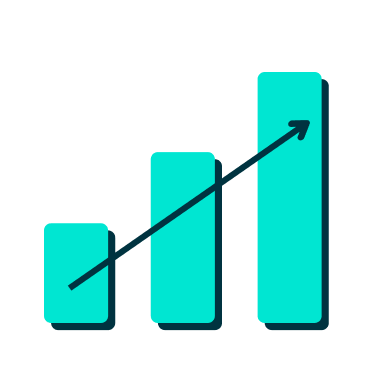 a blue bar graph with a arrow pointing up