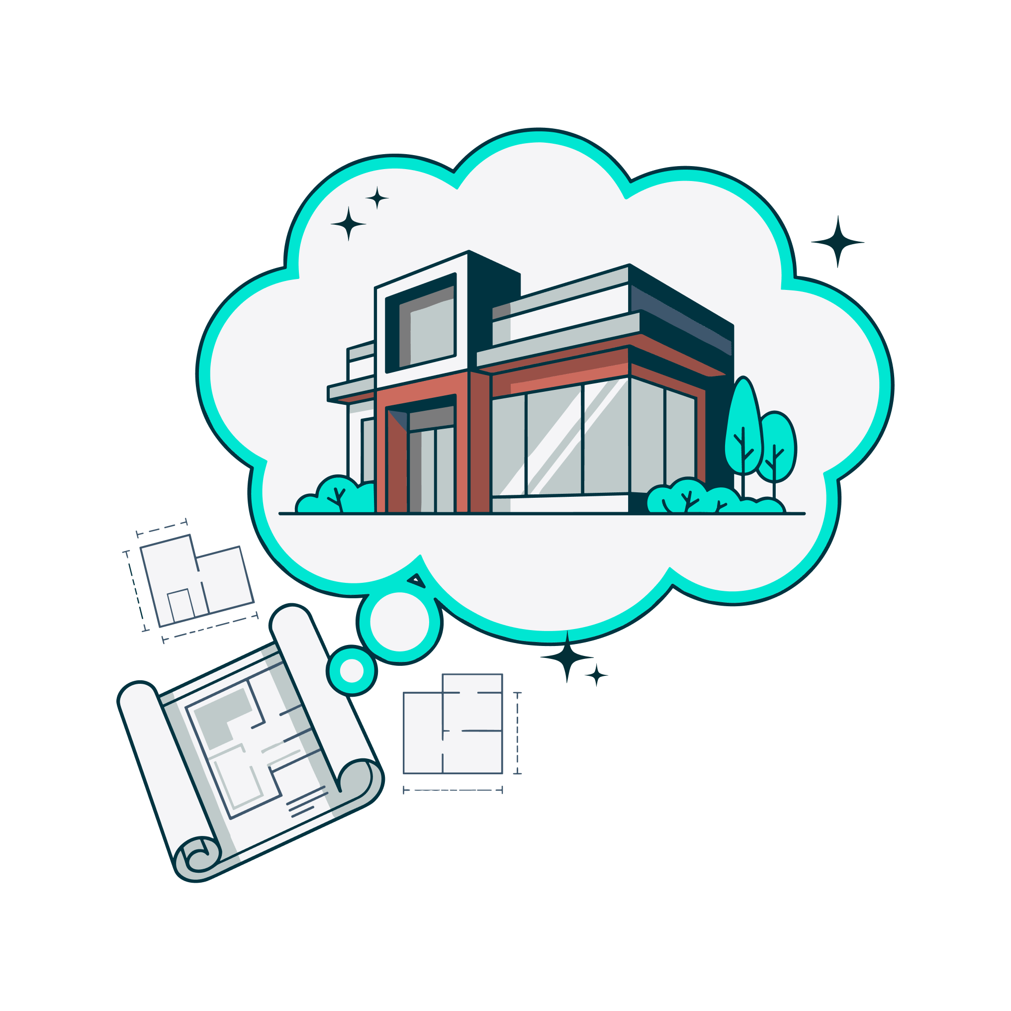 a cartoon of a house and blueprints