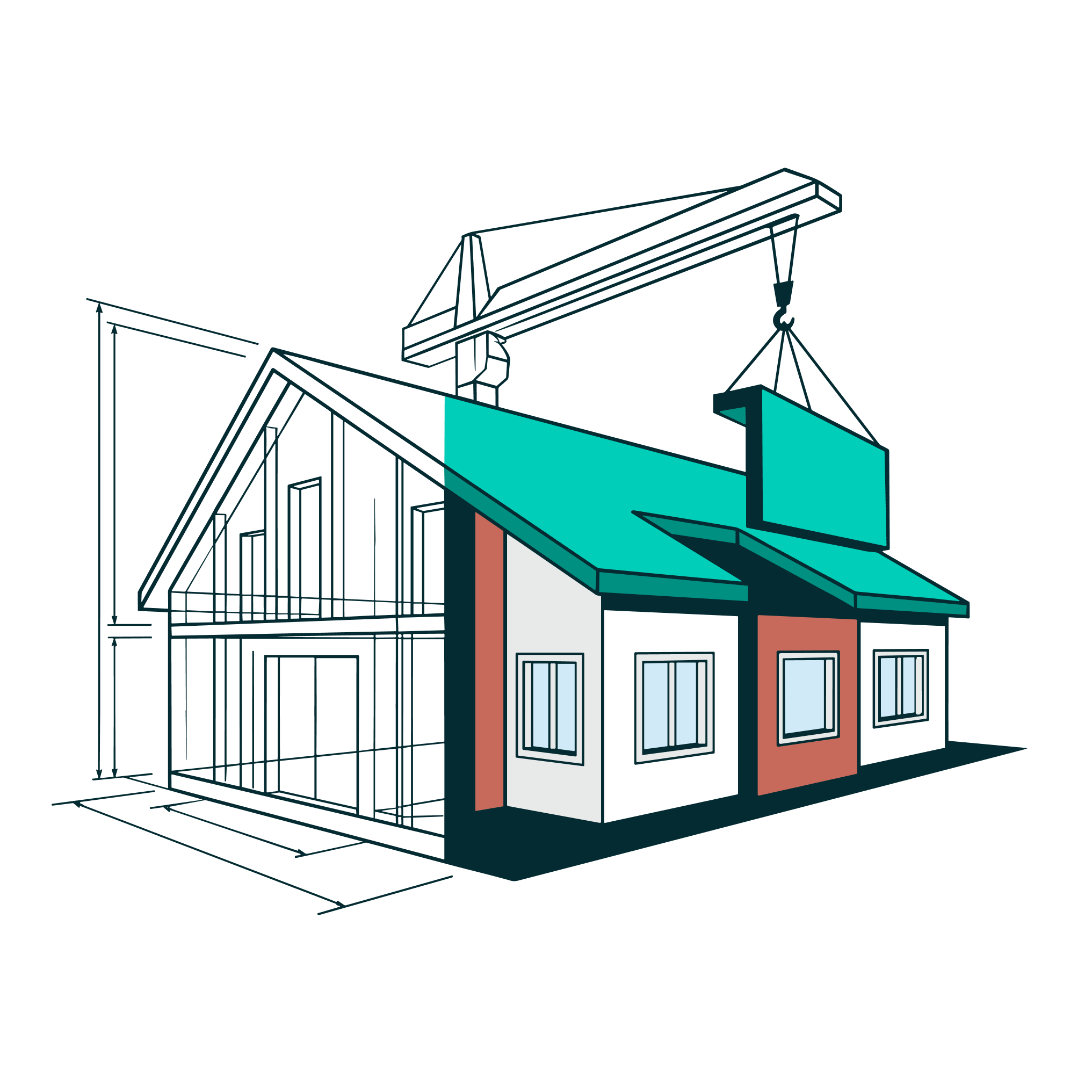 a drawing of a house with a crane