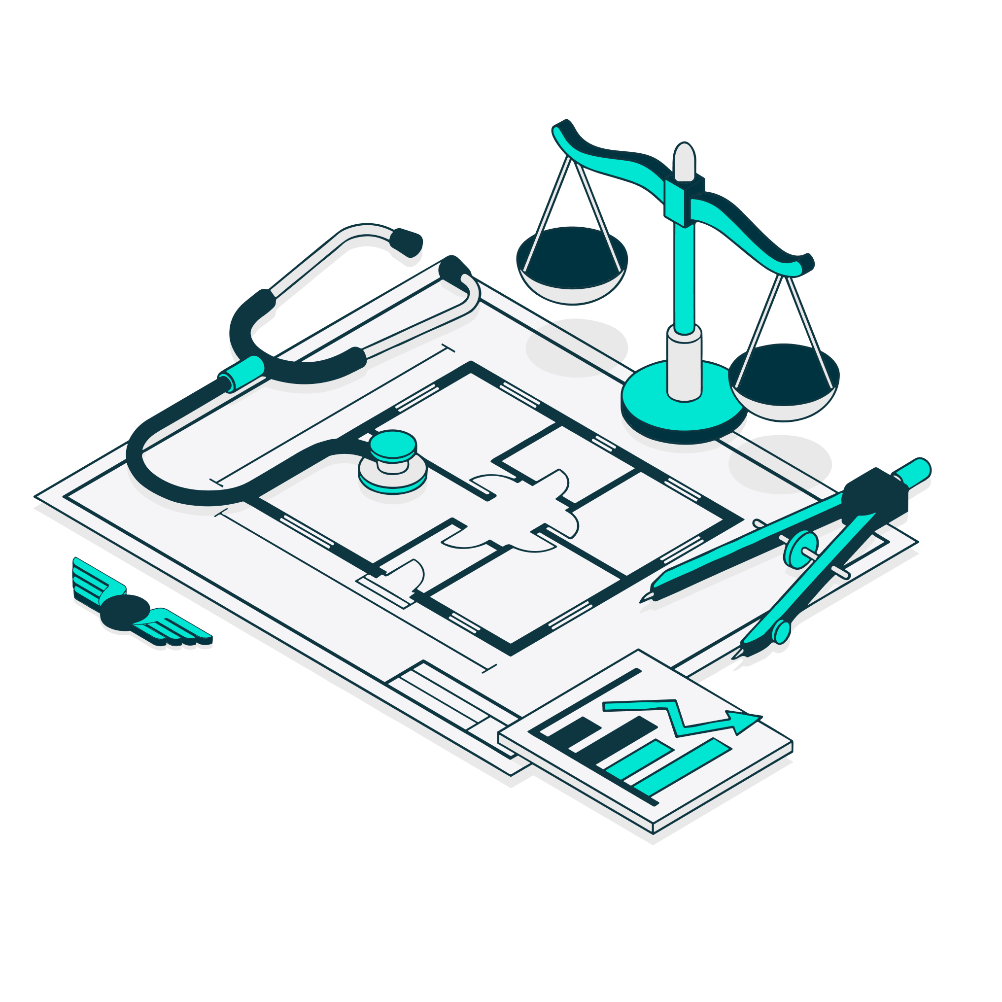 a blueprint with a stethoscope and scale
