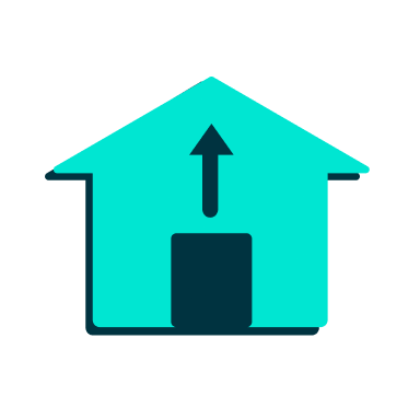 a blue house with an arrow pointing up