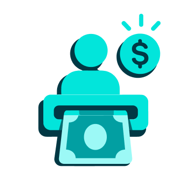 a blue icon of a person with a dollar sign