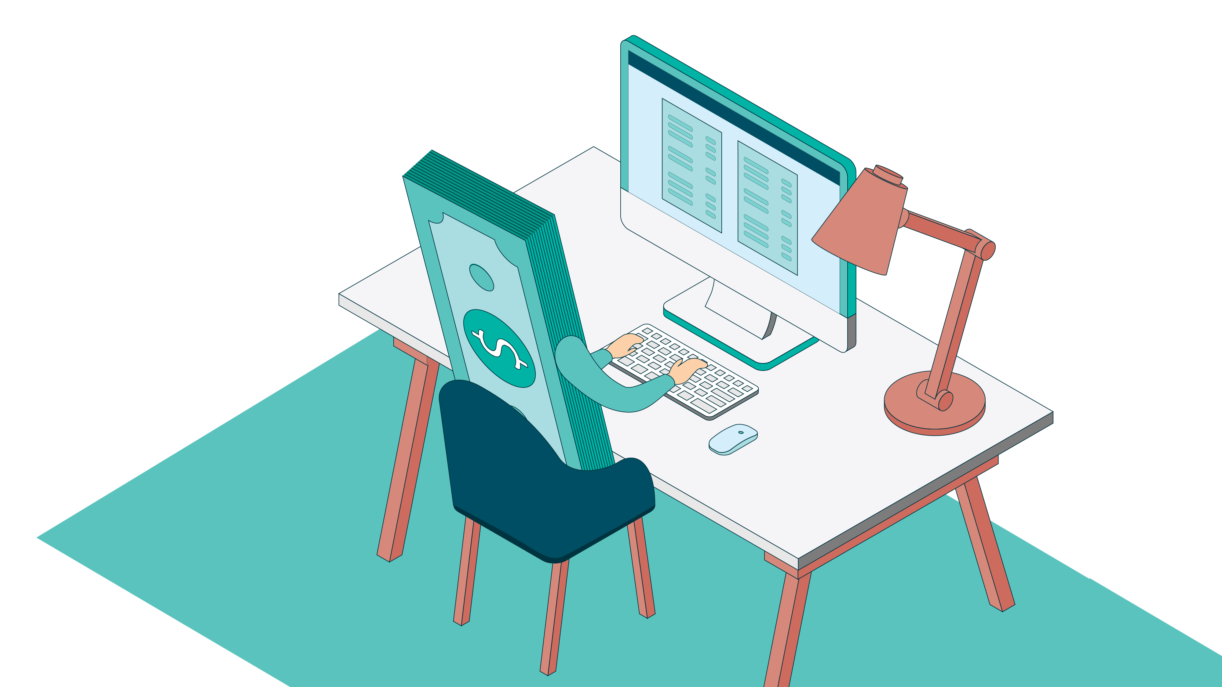 a cartoon of a person sitting at a desk with a computer