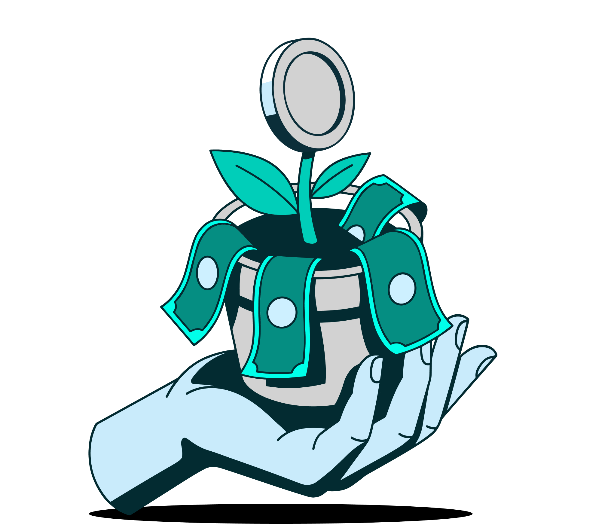 a hand holding a pot with money growing out of it
