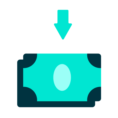 a blue paper money with a blue arrow pointing down