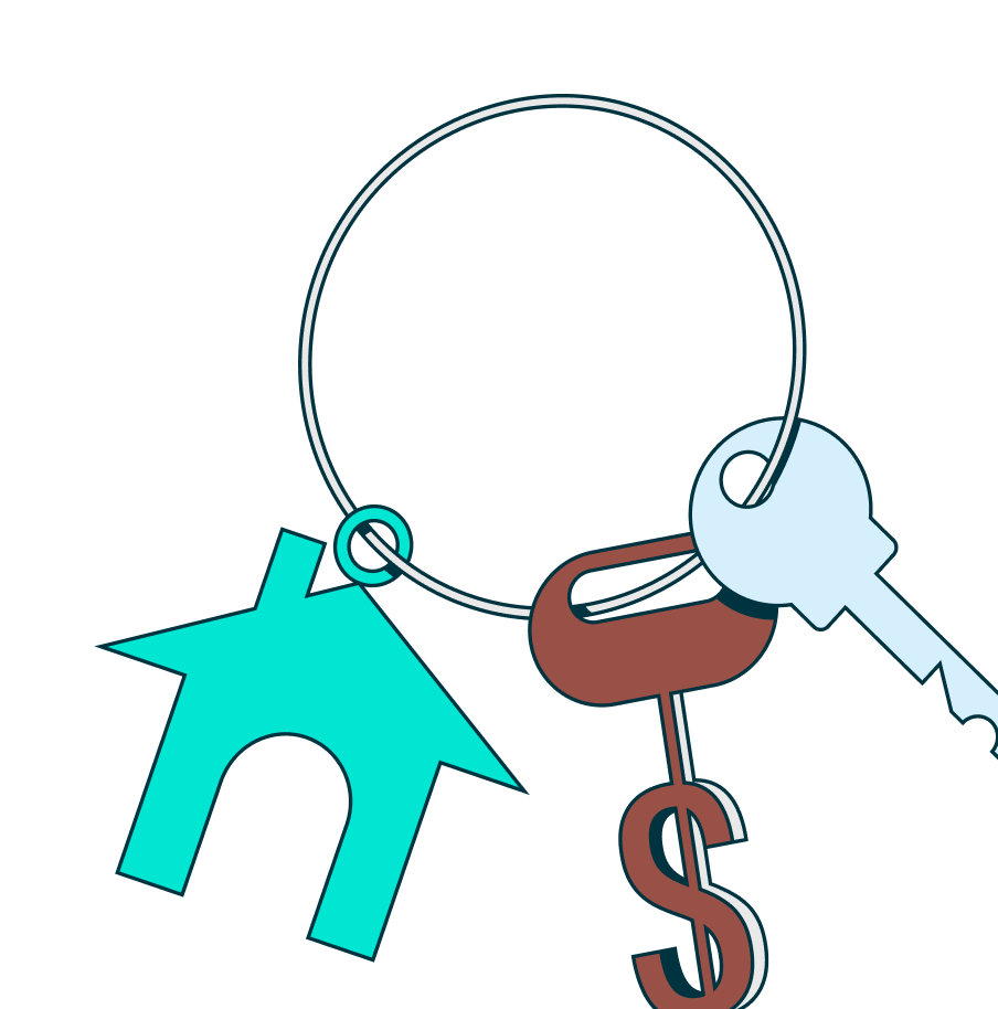 a keychain with a house and a dollar sign