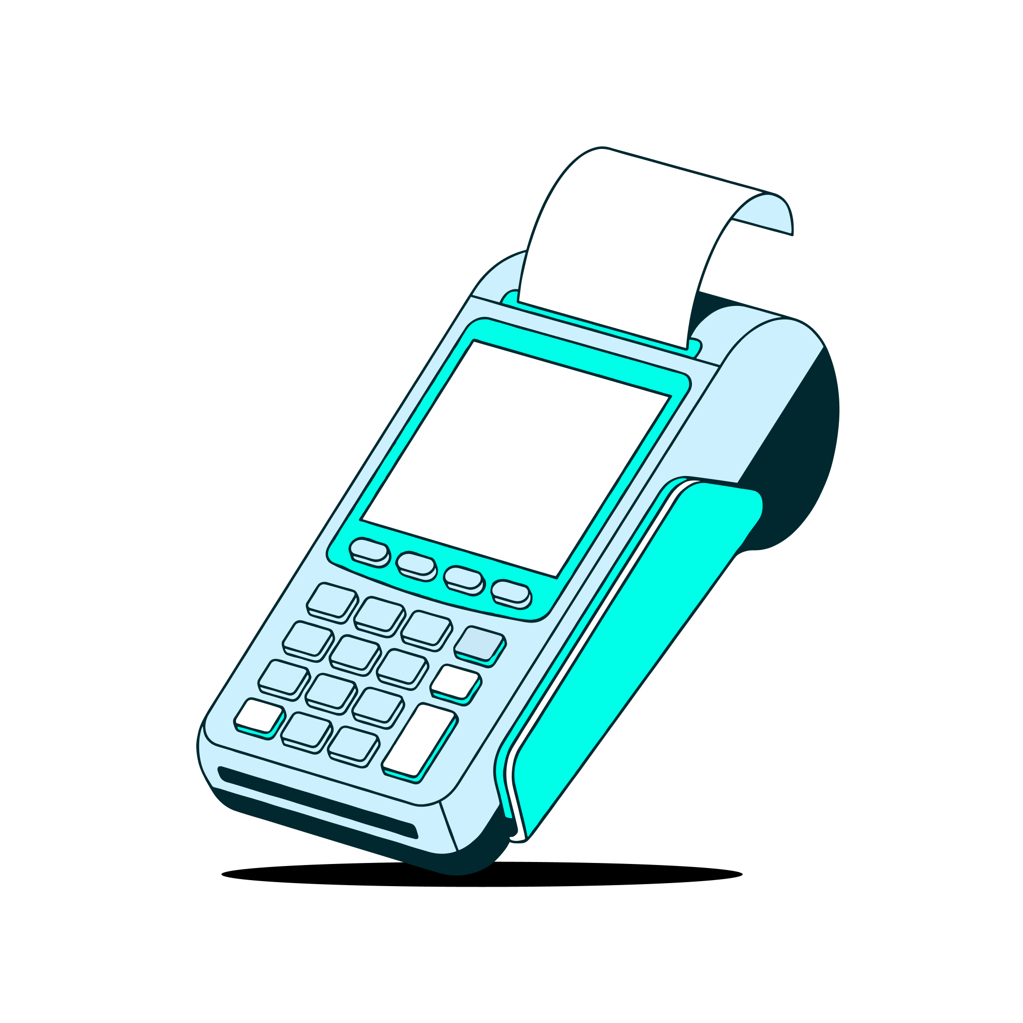 a blue and white pos terminal with a white screen