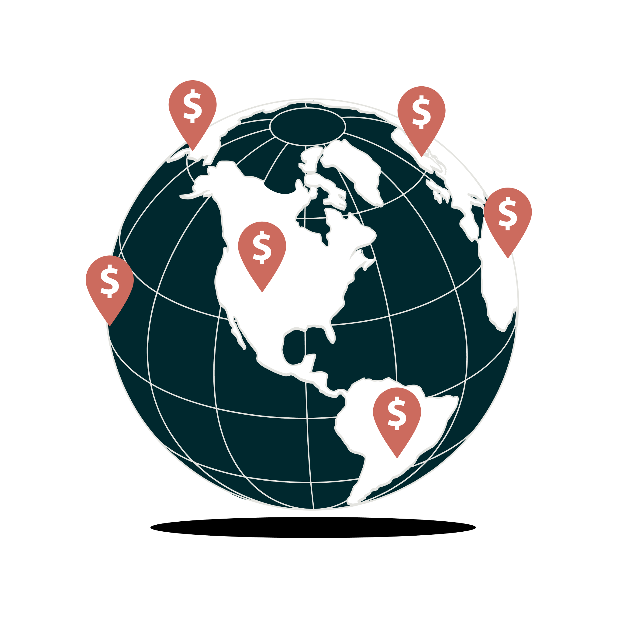 a globe with a map of the world and a dollar sign