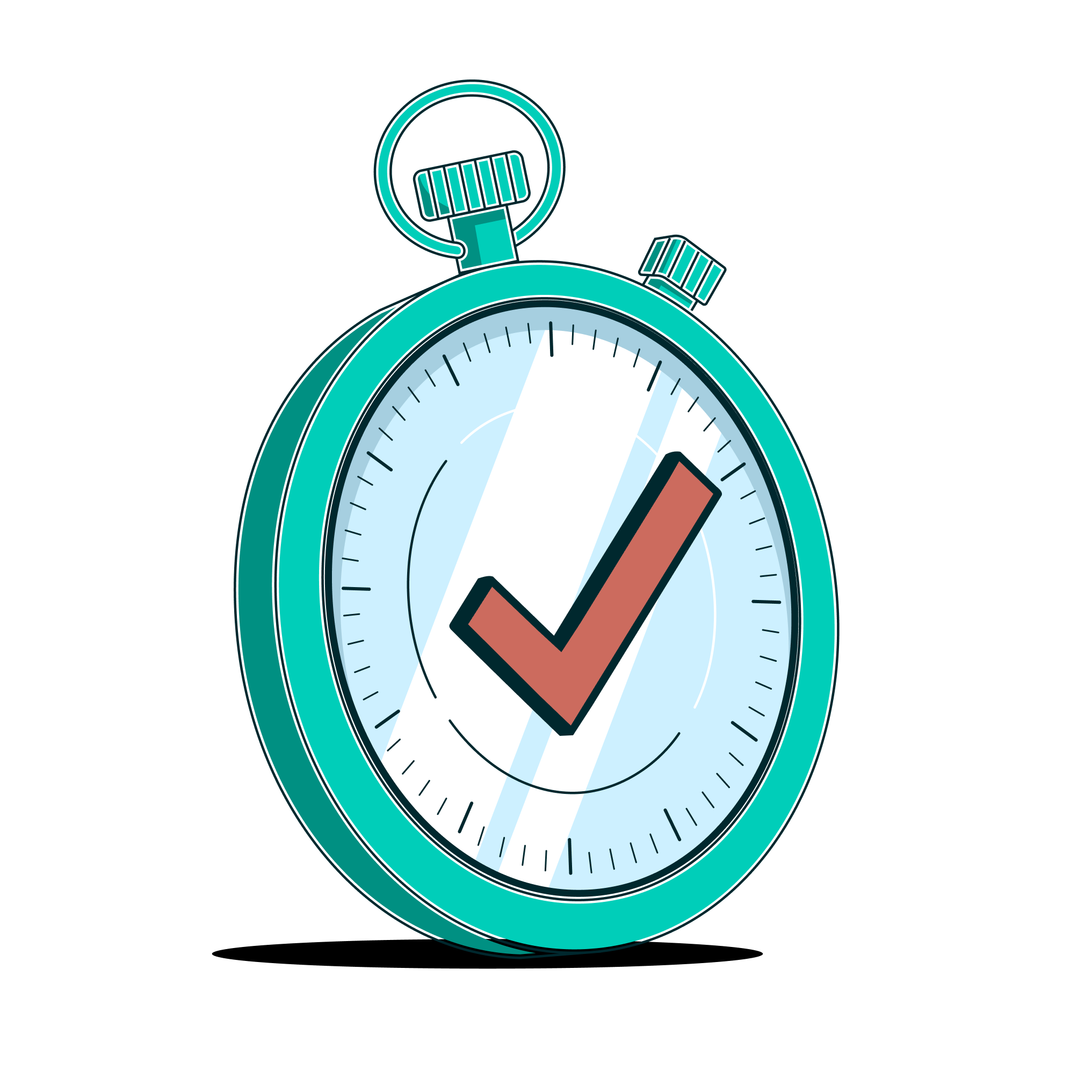 a green stopwatch with a red tick